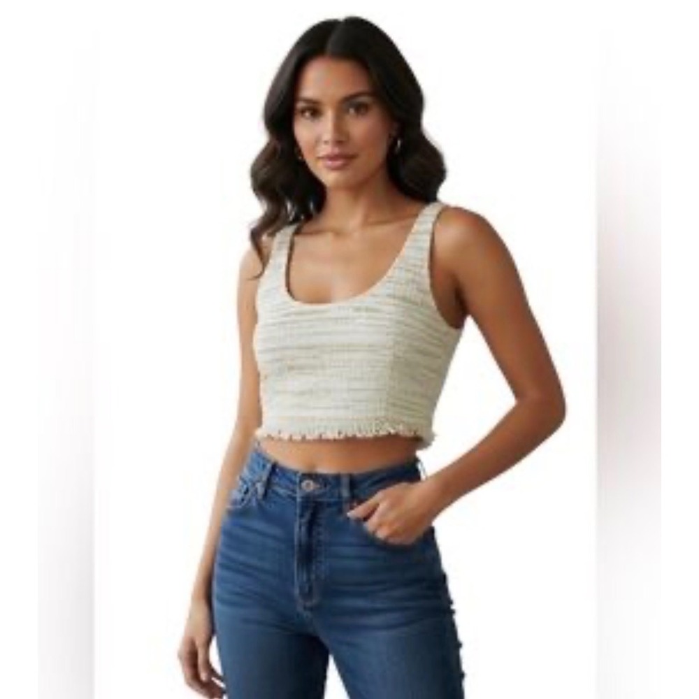 M12 NBD Cream Gold Metallic Tweed Fringe Blair Crop Top Tank Scoop Neck Size S